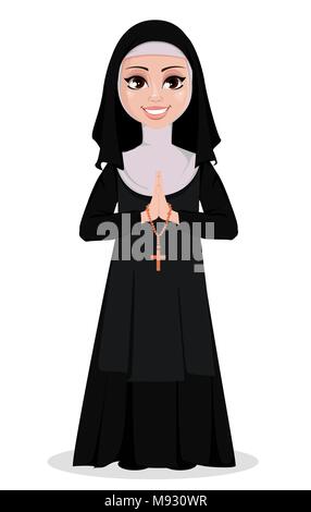Nun personnage. Sœur catholique souriant avec mains qui prient et chapelet catholique. Vector illustration sur fond blanc. Illustration de Vecteur