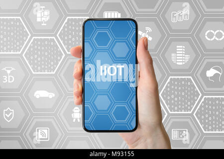 IIOT industrielle (internet des objets) texte affiché à l'écran du smartphone sans cadre moderne. Hand holding smartphone. Banque D'Images