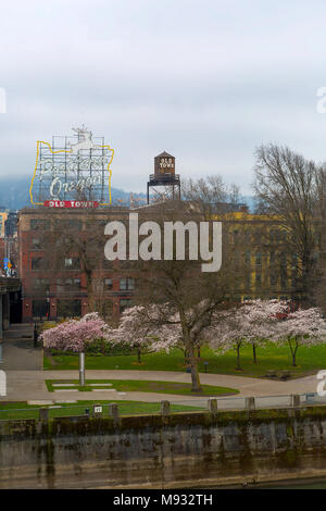 Les fleurs de cerisier en pleine floraison des arbres le long de la vieille ville de l'Oregon Portland Waterfront pendant la saison du printemps Banque D'Images