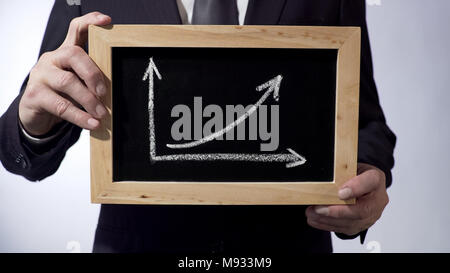 Dessin graphique de croissance sur tableau noir, businessman holding sign, concept d'entreprise Banque D'Images