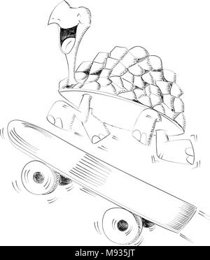 Happy smiling turtle fonctionnant avec une planche à roulettes pour le speed concept - Vector illustration isolé sur fond blanc Illustration de Vecteur