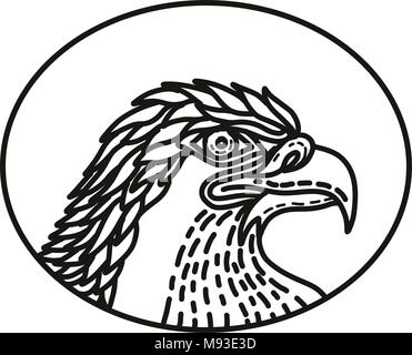 Illustration ligne mono de chef d'une aigle de mer, le pygargue à tête blanche,un grand oiseau de proie de la Famille des Accipitridae, vu de côté situé à l''intérieur de la forme ovale don Illustration de Vecteur