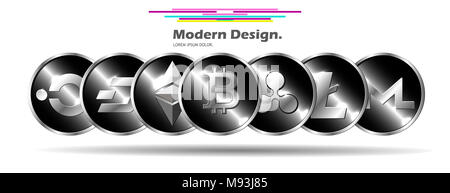Ensemble de sept pièces de monnaie crypto. Illustration vecteur de tendance. Bitcoin devant d'autres personnes. Banque D'Images