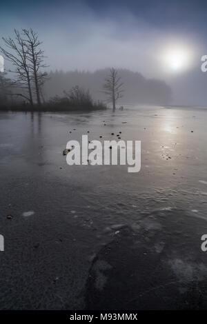 Matin brumeux sur le Loch Mallachie dans le Parc National de Cairngorms de l'Ecosse. Banque D'Images