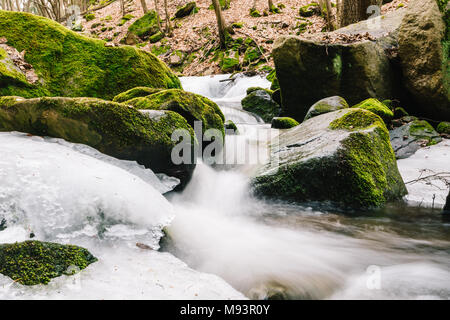 Belle forêt stream au printemps, la fonte de la glace sur la surface. L'eau coule entre les grosses pierres où la mousse verte se développe. Longue exposition. Banque D'Images