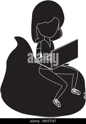 Avatar femme assis sur un sac de haricots et à l'aide d'un ordinateur portable sur fond blanc, vector illustration Illustration de Vecteur