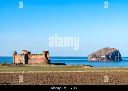 Vue sur le Château de Tantallon et Bass Rock dans la région de East Lothian, Ecosse, Royaume-Uni Banque D'Images