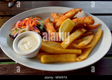 Assiette de poisson et frites avec salade, sauce et citron. Banque D'Images