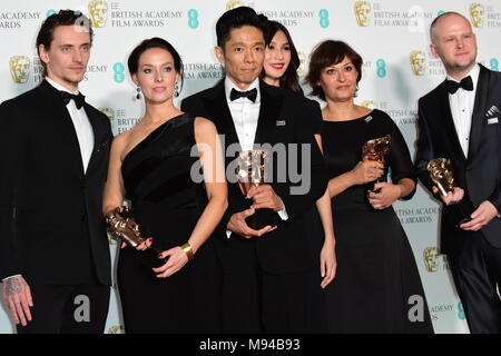 71e ee British Academy Film Awards (BAFTA) s'est tenue au Royal Albert Hall - Salle de presse : David Malinowski, Ivana Primorac, Lucy Sibbick et Kazuhiro Tsuji - Maquillage et coiffure - 'Darkest Heure', présenté par Segei Polunin et Gemma Chan où : London, Royaume-Uni Quand : 18 Feb 2018 Crédit : Joe Alvarez Banque D'Images