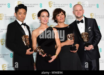 71e ee British Academy Film Awards (BAFTA) s'est tenue au Royal Albert Hall - Salle de presse : David Malinowski, Ivana Primorac, Lucy Sibbick et Kazuhiro Tsuji - Maquillage et coiffure - 'Darkest Heure' Où : London, Royaume-Uni Quand : 18 Feb 2018 Crédit : Joe Alvarez Banque D'Images