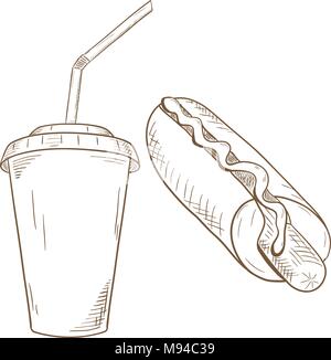 Hot-dog et boire dans la coupe de papier jetables.Part croquis Illustration de Vecteur