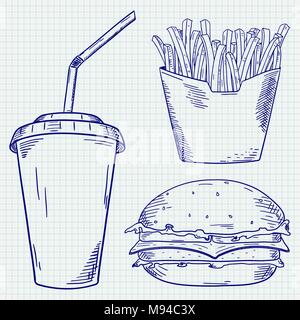 Set de cuisine rapide. Frites, hamburger et tasse de papier verre. Contour bleu part croquis Illustration de Vecteur