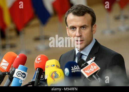 Bruxelles, Bxl, Belgique. Mar 22, 2018. Le président français, Emmanuel Macron arrive pour le Conseil européen, réunion des Etats de l'UE à Bruxelles, Belgique le 22.03.2018 par Wiktor Dabkowski Wiktor Dabkowski/crédit : ZUMA Wire/Alamy Live News Banque D'Images