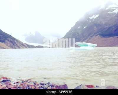 Petits icebergs flotter au loin du corps principal du glacier au Lago Torre près de El Chalten Patagonia sur un jour brumeux et froid Banque D'Images