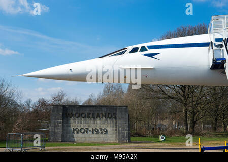 Le nez du Concorde, la production britannique initiale G-BBDG à Brooklands Museum, Weybridge, Surrey, Angleterre Banque D'Images