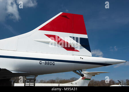 La queue de Concorde G-BBDG à Brooklands Museum, Weybridge, Surrey, Angleterre Banque D'Images