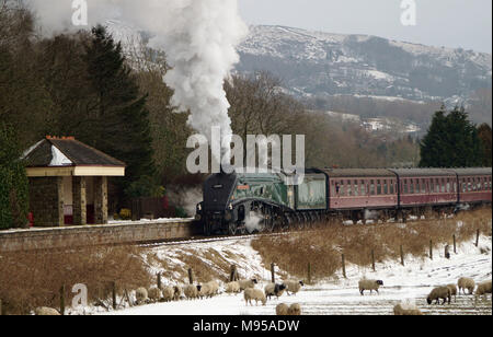 Union de l'Afrique du Sud ,Train à vapeur se déplaçant dans la neige à l'Irwell Vale sur la East Lancs Railway Banque D'Images