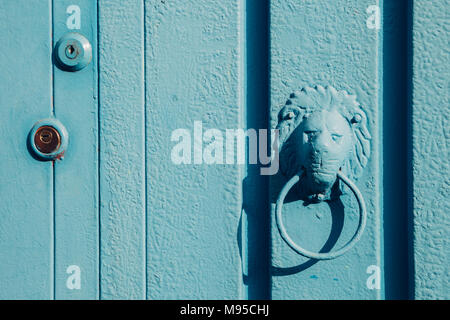 Bouton de porte et Lion porte bleu ciel Banque D'Images