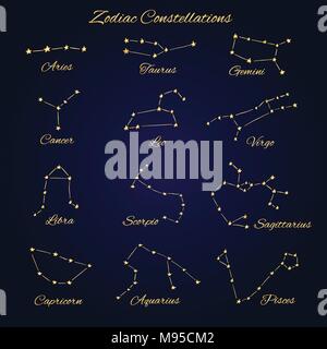 Hand drawn vector or constellations du zodiaque série de 12 signes isolés sur le fond sombre. Illustration de Vecteur