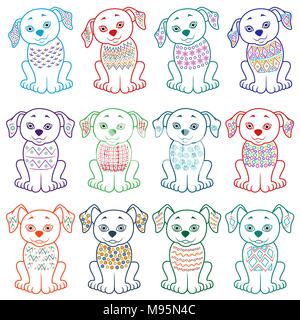 Ensemble de douze chiens cartoon amusant avec divers éléments de design décoratif, vector illustration Illustration de Vecteur