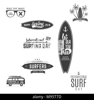 Surf Vintage graphiques et emblèmes pour la conception web ou print. Logo surfeur des modèles. Les modèles graphiques de surf, des badges. Relations sérieuses in de l'été. Éléments de surf. Activité de plein air. Correctifs hipster vecteur Illustration de Vecteur