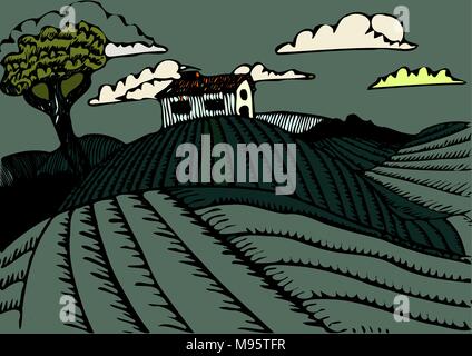 La colline - paysage pittoresque, l'illustration d'une maison sur une colline. Faites à la main et se tourna vers les scénarios où la couleur a été ajouté. Illustration de Vecteur