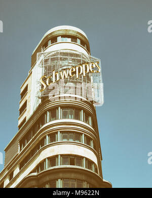 Madrid : Charogne Building/Schweppes, bâtiment carré Plaza del Callao, Gran Via, Madrid, Espagne Banque D'Images