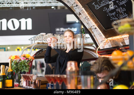 National Exhibition Centre Birmingham England 19 mars 2018 Femme hoche cocktail au stand Canon Banque D'Images