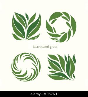 Définir l'herbe et les feuilles Label abstract design. Rond et carré. Beau jardin Logo Entreprise. Illustration de Vecteur