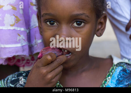 Young Girl eating a star apple, Chrysophyllum cainito, Zanzibar Banque D'Images