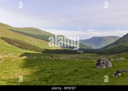 Regardant vers le bas de la vallée de Glen Doll sur l'un des étés chauds après-midi dans le parc national de Cairngorm dans les Highlands écossais. Banque D'Images
