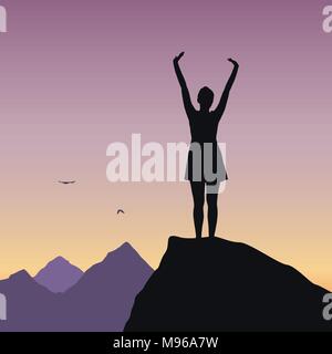 Jeune fille debout sur rock et du succès sur le paysage de montagne avec flying birds - vector Illustration de Vecteur