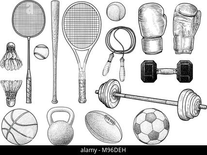 Équipements de sport illustration, dessin, gravure, encre, dessin au trait, vector Illustration de Vecteur