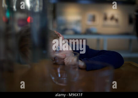 Les jeunes enfants fatigués, resting head on table in restaurant, sucking thumb Banque D'Images