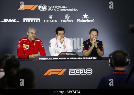 Melbourne, Australie. Mar 23, 2018. Conférence de presse. Maurizio Arrivabene, directeur général et directeur d'écurie, la Scuderia Ferrari, Toto WOLFF (AUT), Team principal et directeur général Mercedes AMG Petronas F1 GP, Christian Horner (GBR), Team Principal de Red Bull Racing, portrait au cours de 2018 Championnat de Formule 1 à Melbourne, Grand Prix d'Australie, du 22 au 25 mars - Photo Sport Automobile : Championnat du Monde de Formule 1 de la FIA 2018, Melbourne, Victoria : mécaniques : Formule 1 2018 Rolex Grand Prix d'Australie, de crédit : dpa/Alamy Live News Banque D'Images