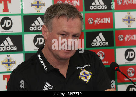 Stade national de football à Windsor Park, Belfast, Irlande du Nord. 23 mars 2018. L'Irlande du manager Michael O'Neill à la conférence de presse de l'avant du match amical contre la République de Corée (Corée du Sud) à Belfast. Crédit : David Hunter/Alamy Live News. Banque D'Images