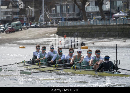 Putney, UK. 23 mars 2018. Boat Race pratique sortie. En tant que préparation à la Cancer Research UK des courses de bateaux le 24 mars 2018, Cambridge University Boat Club's Blue crew effectuer une sortie sur la pratique de la course de bateau Tideway bien sûr. Entraîneur Steve Trapmore suit la liste d'équipage de bateau :- CUBC équipage bleu). Arc :- Charles Fisher 2) Patrick Elwood, 3) James Letten, 4) Dara Alizadeh, 5) Spencer Furey, 6) Finn Meeks, 7) Rob Hurn, Course :- Freddie Davidson, Cox : Hugo Ramambason. Credit : Duncan Grove/Alamy Live News Banque D'Images