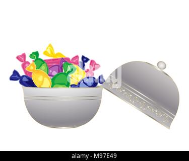 Une illustration d'une coupe en argent fantaisie plein de bonbons emballés colorés sur fond blanc Illustration de Vecteur