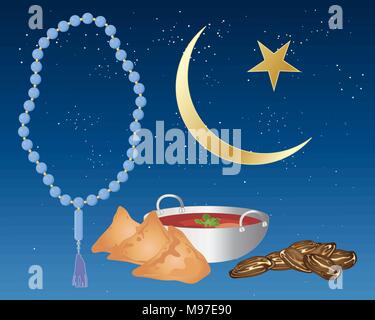 Une illustration de l'Iftar de la nourriture y compris dates samosas et préparé pour le ramadan festival avec chapelet bleu et un croissant de lune et étoile islamique o Illustration de Vecteur