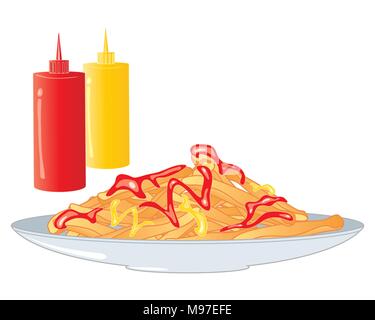 Un vecteur illustration en format eps 10 d'une plaque d'or croustillant des frites avec du ketchup et de la moutarde sur une plaque gris de l'accompagnement avec la sauce bottles Illustration de Vecteur