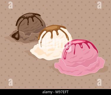 Un vecteur illustration au format eps de boules de crème glacée napolitaine avec un filet de sauce sur un fond de chocolat Illustration de Vecteur