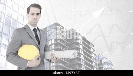 Homme d'architecte avec un plan de travail et les immeubles de grande hauteur à l'arrière-plan les échelles des graphiques Banque D'Images