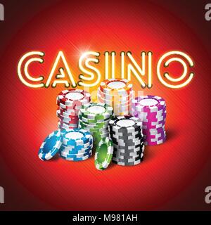 Vector illustration sur un thème de casino avec néon brillant lettre et multicolores sur fond rouge. La conception de jeu pour l'invitation ou bannière promo. Illustration de Vecteur