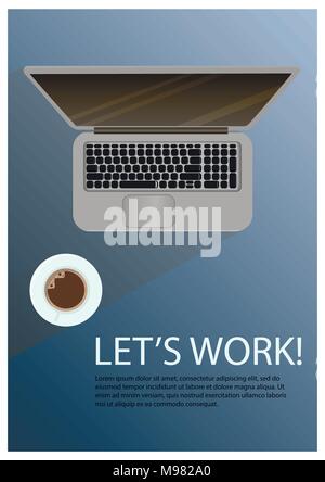Table de travail réaliste avec "Let's Work". Vue supérieure avec ordinateur portable et café. Poster Vector Illustration de Vecteur