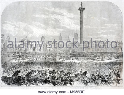 La réception de la princesse Alexandria (princesse de Galles) à Londres Mars 1863, le cortège royal passant Trafalgar Square, antique gravure de 1863 Banque D'Images