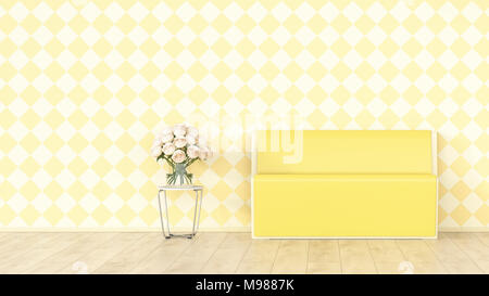 Banc jaune et bouquet de fleurs en face de papier peint motif à damiers, 3D Rendering Banque D'Images