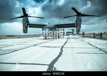 Les Marines américains avec l'escadron 363 à rotors basculants moyen marine et maritime de l'Escadron de soutien de l'aile, 373 marins à des fins spéciales du Groupe de travail air-sol - Crisis Response - Central Command, ravitailler deux MV-22B avion à rotors basculants Osprey à un armement de l'avant et l'essence (FARP) Le 26 février 2018. La FARP a été mis en place par les Marines avec MWSS-373 pour le Balbuzard pêcheur pourrait faire le plein de la mi-mission. Banque D'Images