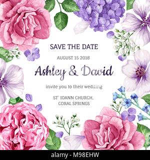 Carte d'Invitation de mariage avec des fleurs dans un style aquarelle sur fond blanc. Modèle de carte de vœux. Illustration de Vecteur