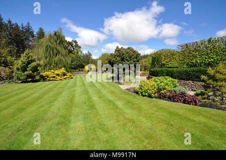 La pelouse, arbres, arbustes, et tous les pensionnaires conbine pour faire de ce classique de l'un jardin anglais manucurés. Pris en plein été at Rosemoor Jardins, Banque D'Images