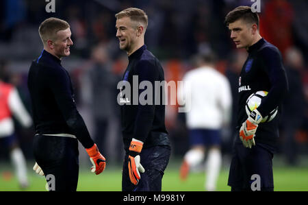 L'Angleterre (gauche-droite) gardiens de la Jordanie Pickford, Joe Hart et Nick Pope lors de la match amical à l'Amsterdam ArenA. Banque D'Images